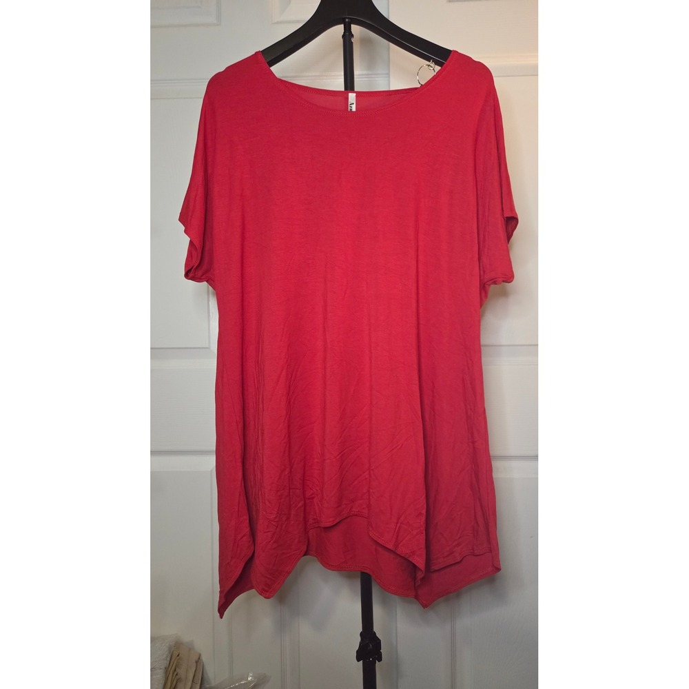 Azules Red Sharkbite Hem Tunic Top Short Sleeve Scoop Neck XL